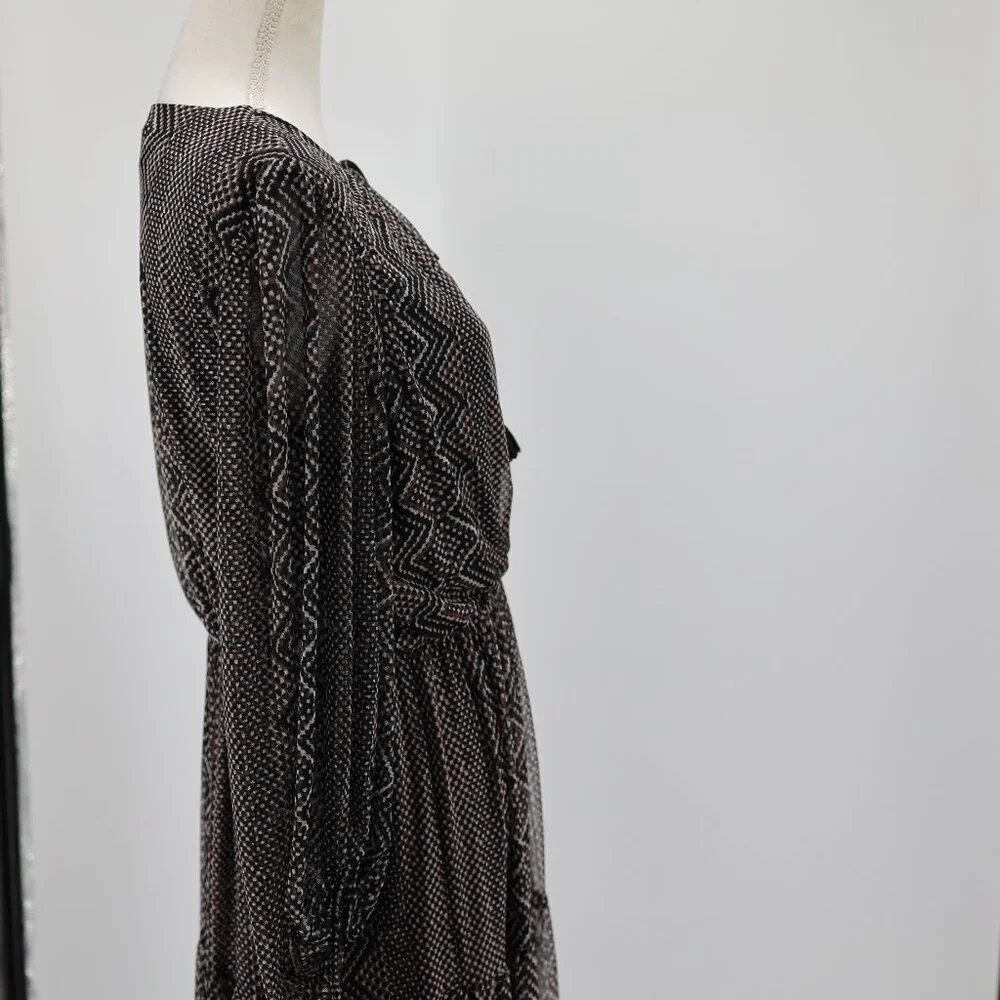 Just Taylor Maxi Dress Sheer Tiered Long Sleeve Boho Print Black L Flowy - Picture 5 of 14